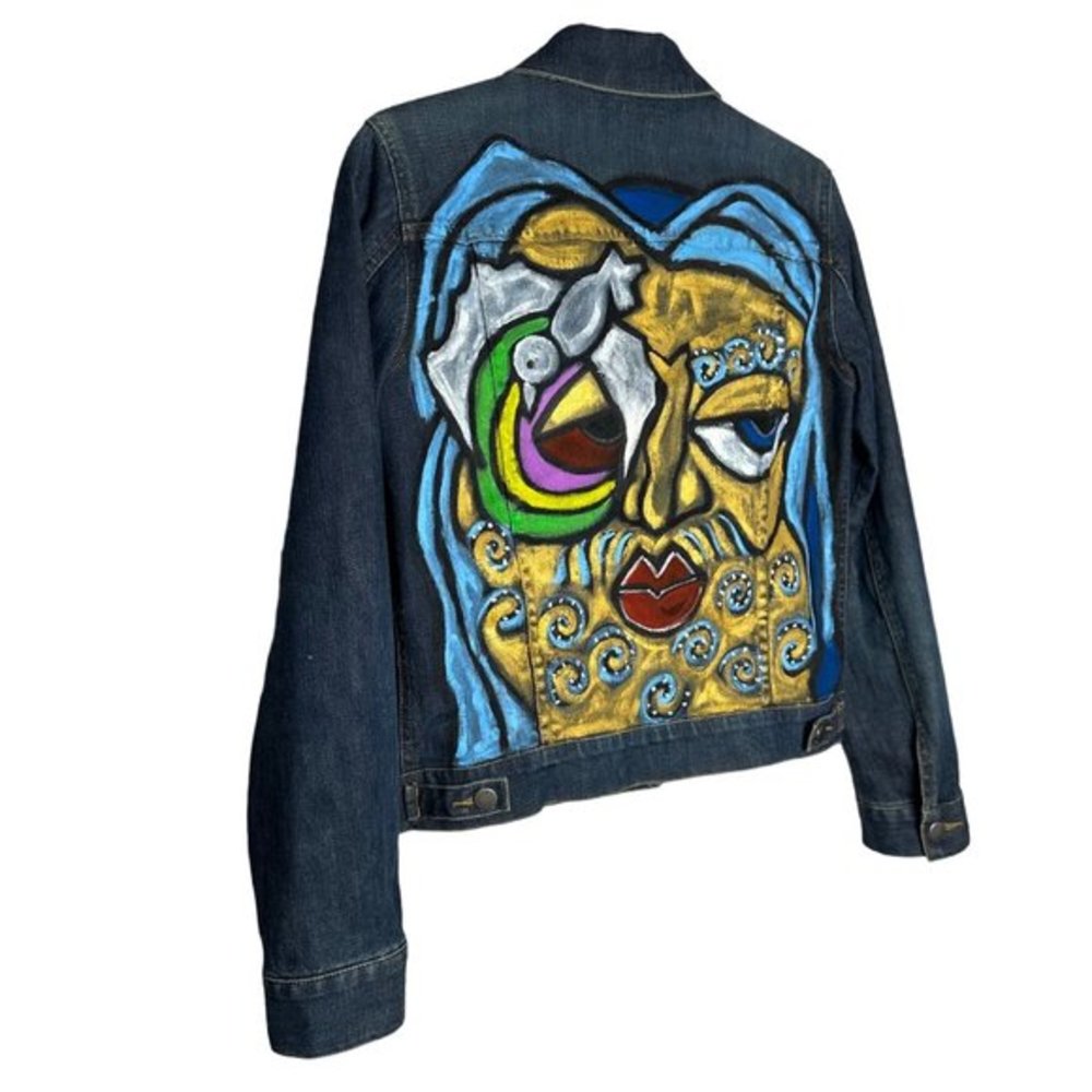 Women's Theory Painted Art‎ Face Jean Jacket Size Medium Abstract - Picture 3 of 4